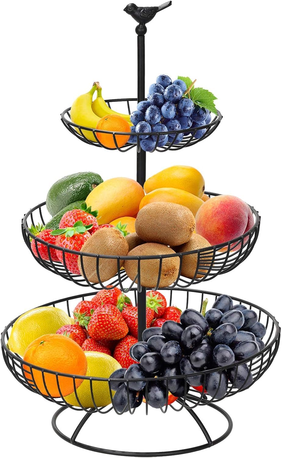 Hossejoy Fruit Basket for Kitchen Counter - 3-Tier Large Capacity Fruit Bowl, Fruit Vegetables Basket Bowl Storage, Rust-Proof Metal Fruit Holder for Vegetables, Bread, Toiletry (Black)
