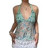 Women Sequin Sparkle Halter Crop Tops Sexy V Neck Spaghetti Strap Backless Bead Tank Top Y2k Bling Glitter Camisole