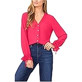CeCe Womens V-Neck Button Front Long Sleeve Top
