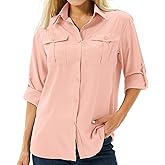 Women's UPF 50 Long Sleeve UV Sun Protection Safari Shirts Outdoor Quick Dry Fishing Travel Hiking Shirts #5070-Pink-L