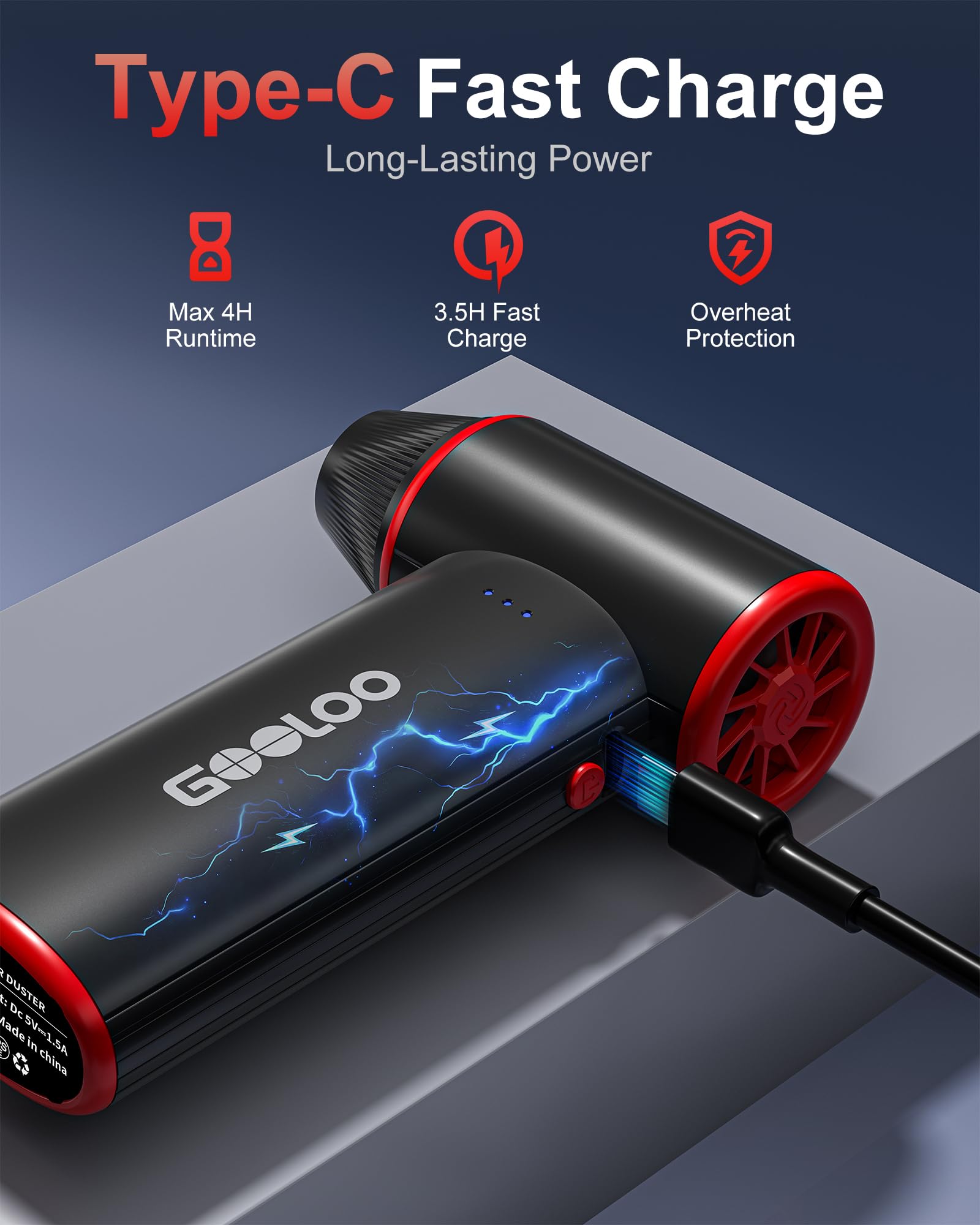 GOOLOO F3 Compressed Air Duster, 150000RPM Duster for Cleaning, 3-Gear Rechargeable Electric Air Blower with Fast Charging, Cordless Mini Blower for PC, Computer, Car, Keyboard, Outdoor