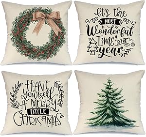 AENEY Christmas Pillow Covers 18x18 Set of 4, Christmas Tree Wreath Rustic Winter Holiday Throw Pillows Farmhouse Christmas Decor for Home, Xmas Decorations Cushion Cases for Couch A302-18