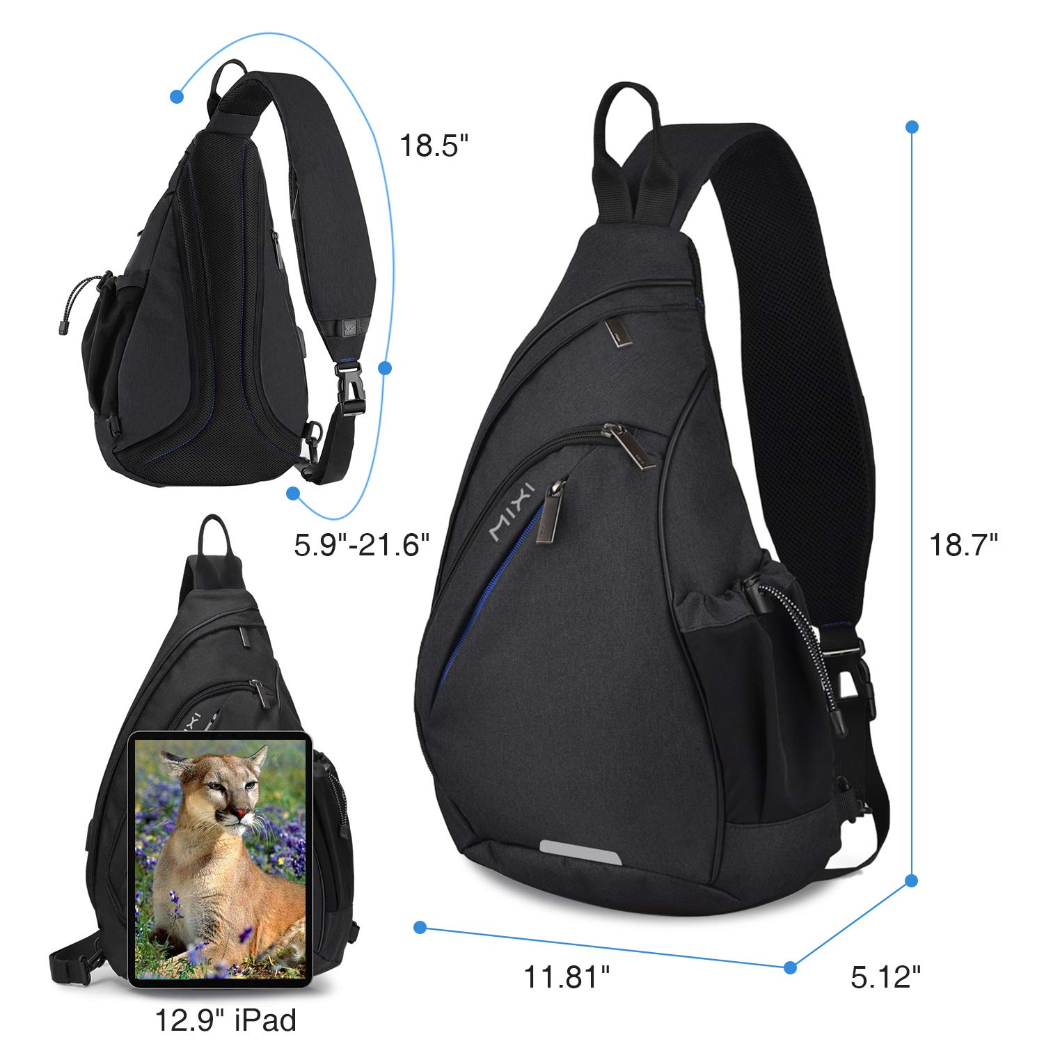 Hanke Sling Bag Men Backpack Unisex One Shoulder Bag Hiking Travel Backpack Crossbody with USB Port Versatile Casual Daypack