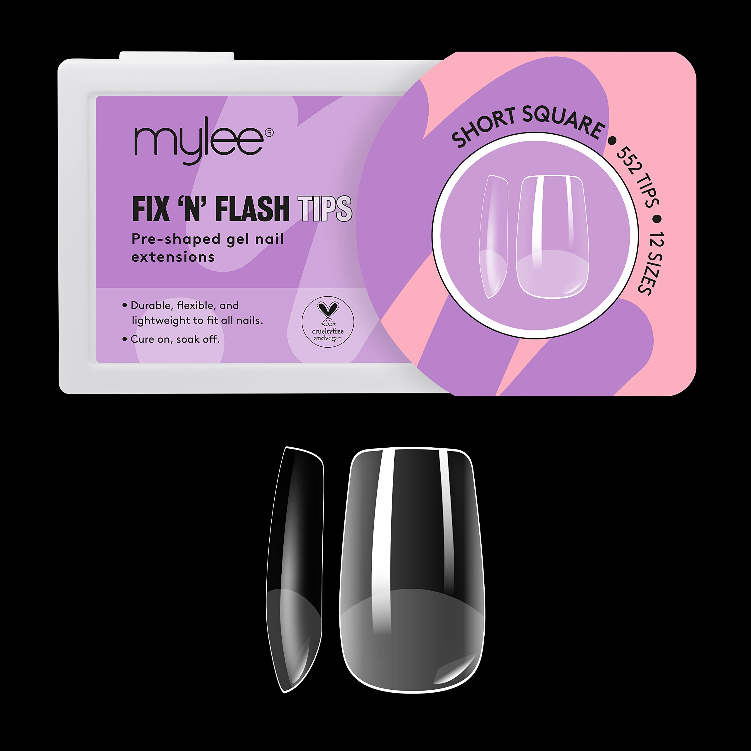 Mylee Fix N Flash Soft Gel Tips - Short Square - 552 PCS, Full Cover Soft Gel Nail Tips, Nail Art Extensions, Flexible & Resistant, 12 Different Sizes, Fit All Nails — image 1