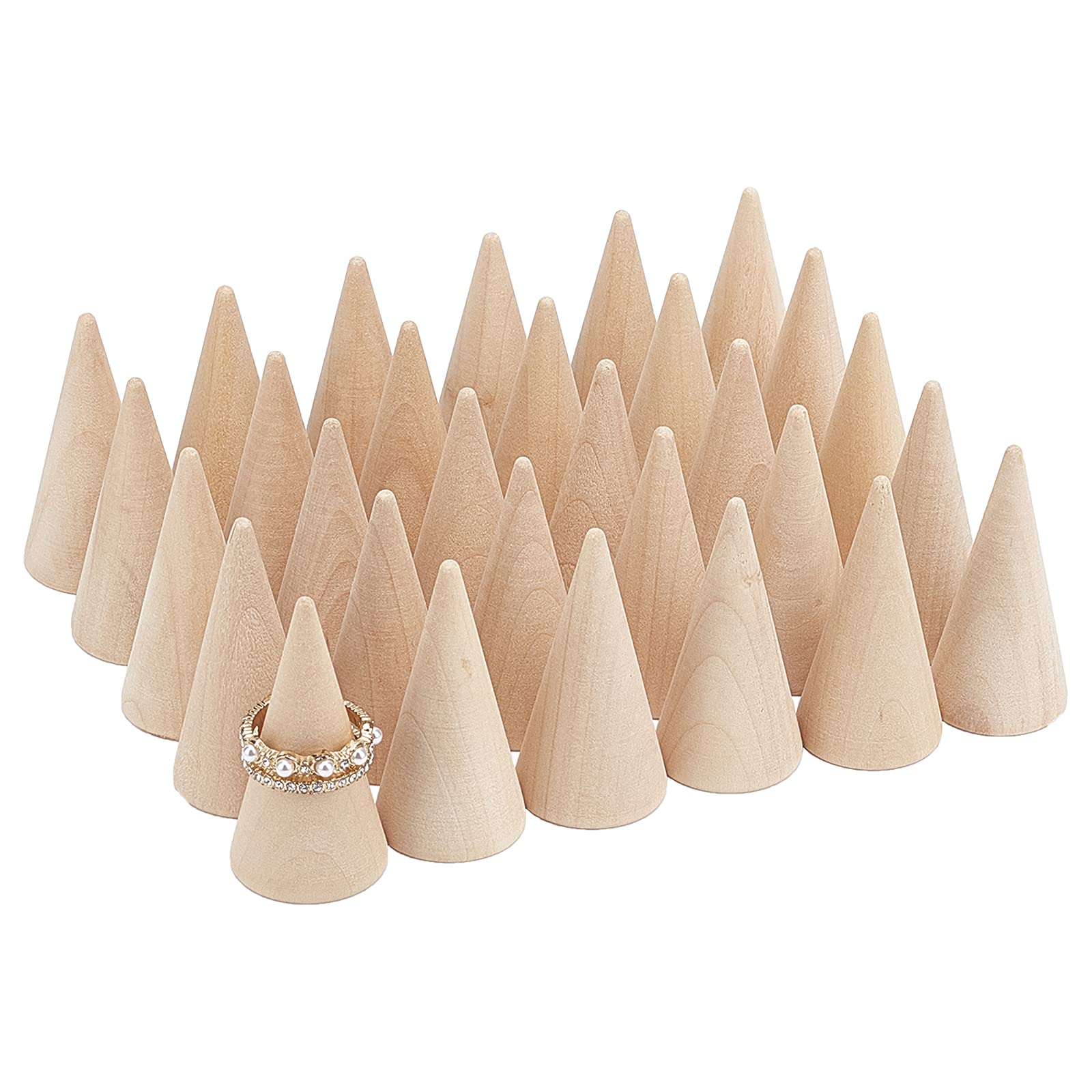 FINGERINSPIRE 30 Pcs Wood Cone Ring Holder Finger Jewelry Display Stand（BurlyWood 25x50mm） Ring Display Stands Organizer DIY Craft for Retail Jewelry Organizer Holder