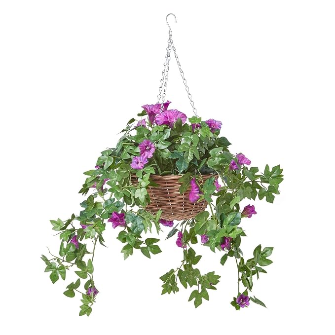 Homescapes Hängepflanze Künstlich: Viola-Stiefmütterchen Im Weidenkorb Mit Kette
