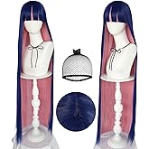 ANOGOL Hair Cap+ Blue Mix Pink Wig 105cm Long Straight Stocking Wigs for Girl with Bangs Costume for Women Synthetic Hair Wigs for Stocking Cosplay Halloween Wig Anime Party