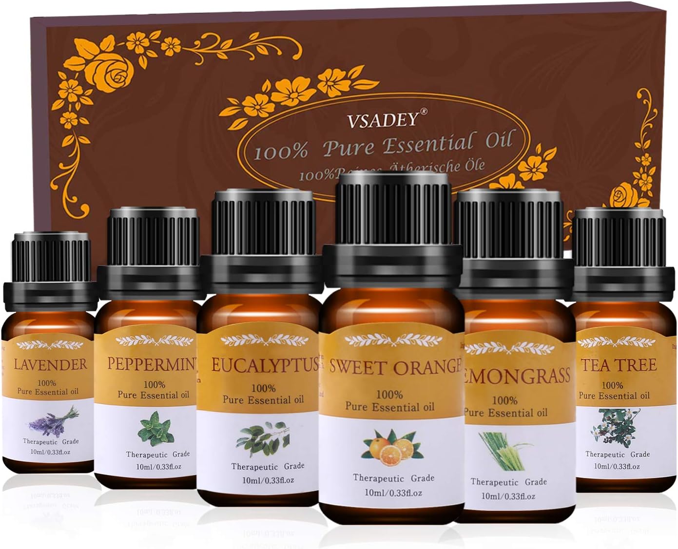 Essential Oils Set 6 x 10ml 100% Pure Therapeutic Grade Aroma Diffuser Oil for Aromatherapy, Spa (Sweet Orange, Lavender, Tea Tree, Peppermint, Lemongrass, Eucalyptus)