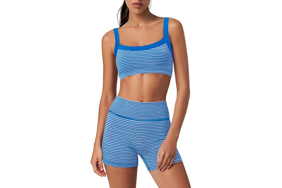 Yanekop Womens Striped Workout Set Two Piece Yoga Sets Activewear | Stretchy Soft Activewear Sets, 2 Piece Summer Matching Set, Sport Bra and High Waisted Biker Shorts with Pocket for Gym