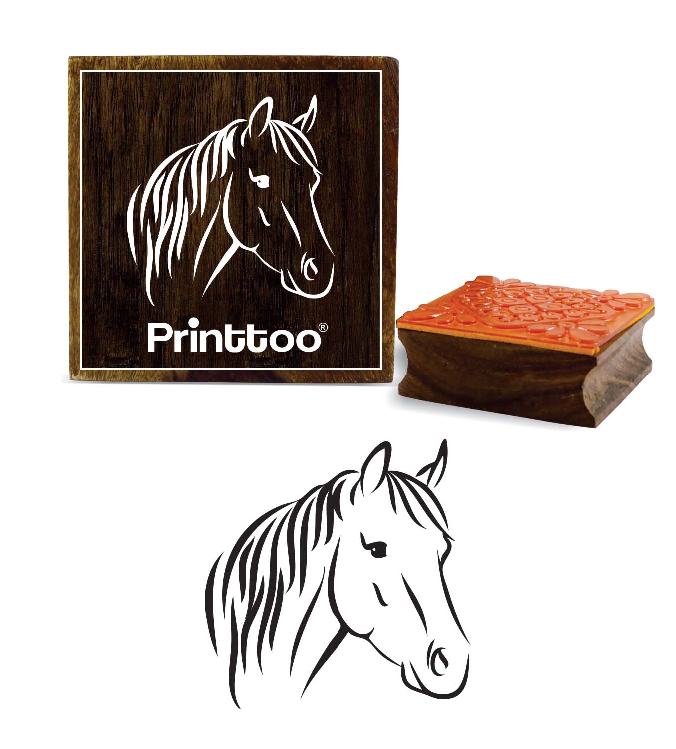 Printtoo Horse Head Pattern Wooden Square Rubber Stamp Craft Textile DIY Stamps-3 x 3 Inches