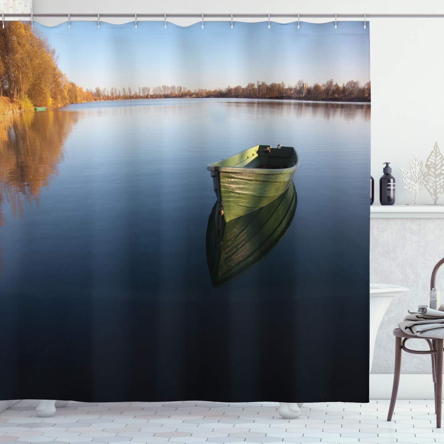 Amazon Com Ambesonne Landscape Shower Curtain Single Fishing Boat On Lake Being Alone Theme In Still Calm Waters Life Art Print Cloth Fabric Bathroom Decor Set With Hooks 75 Long Green Blue Home