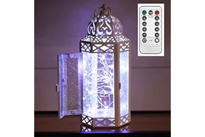 VELA LANTERNS Metal Moroccan Decorative LED Fairy Lights Candle Lantern Holders for Indoor Home Fantasy Decor, Table Centerpieces, Outdoor Patio or Porch, Weddings, White, Medium