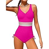 Doumlop Girls One Piece Swimsuits Color Block Girls Swimsuit V Neck Girls Bathing Suit Drawstring Girls' Swimwear 9-16 Years
