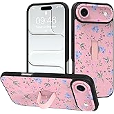 LEOMAKRON Designed for iPhone Air Case with Finger Strap Kickstand,Cute Pink Flower Heart Bowknot Pattern for Women Girls,Full Camera Protection Aesthetic Shockproof TPU Design,Pink