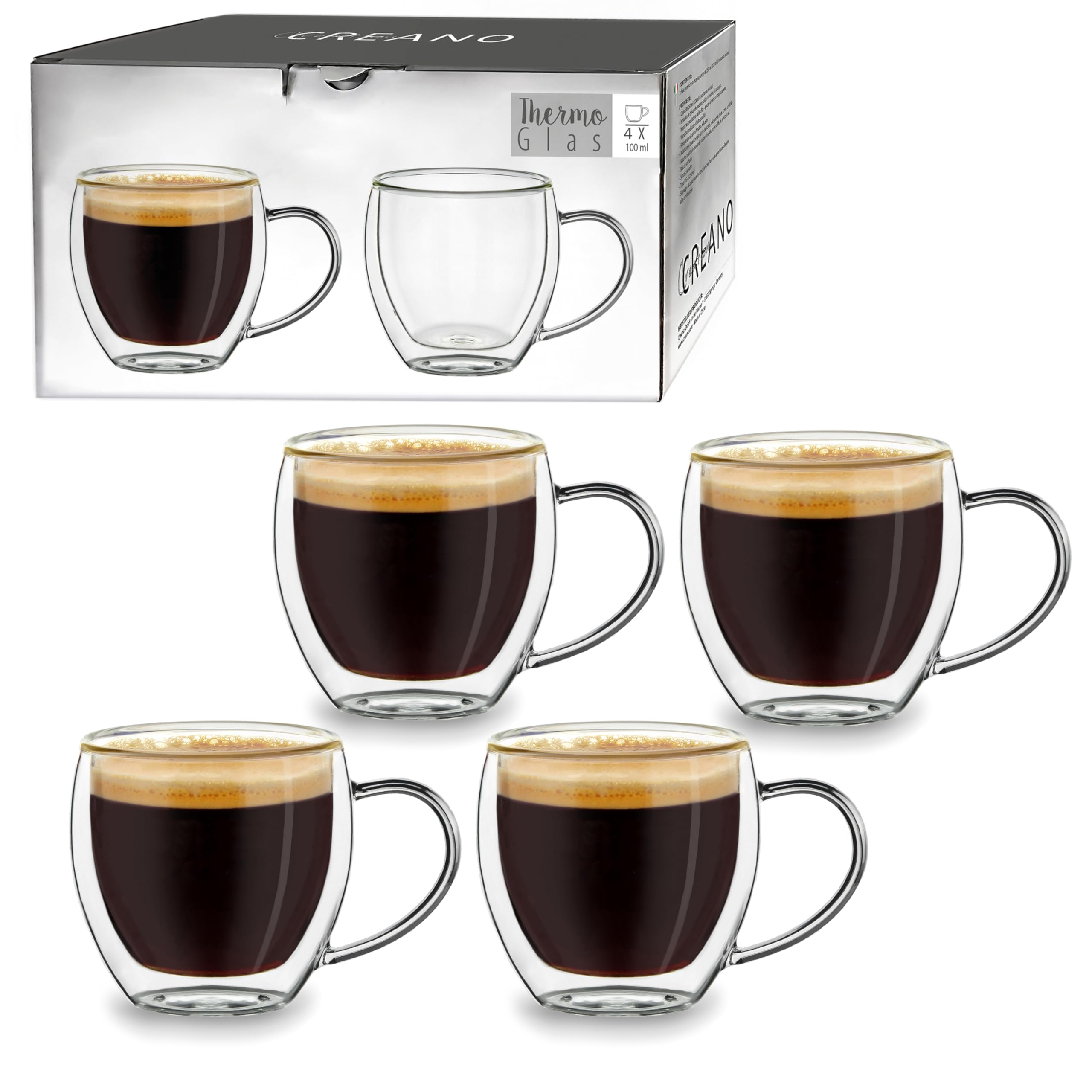Creano Double Walled Espresso Glasses 100ml with Handle - Insulated Coffee Cups - Handmade Heat Resistant Glass - 4 pcs (Pack of 1)