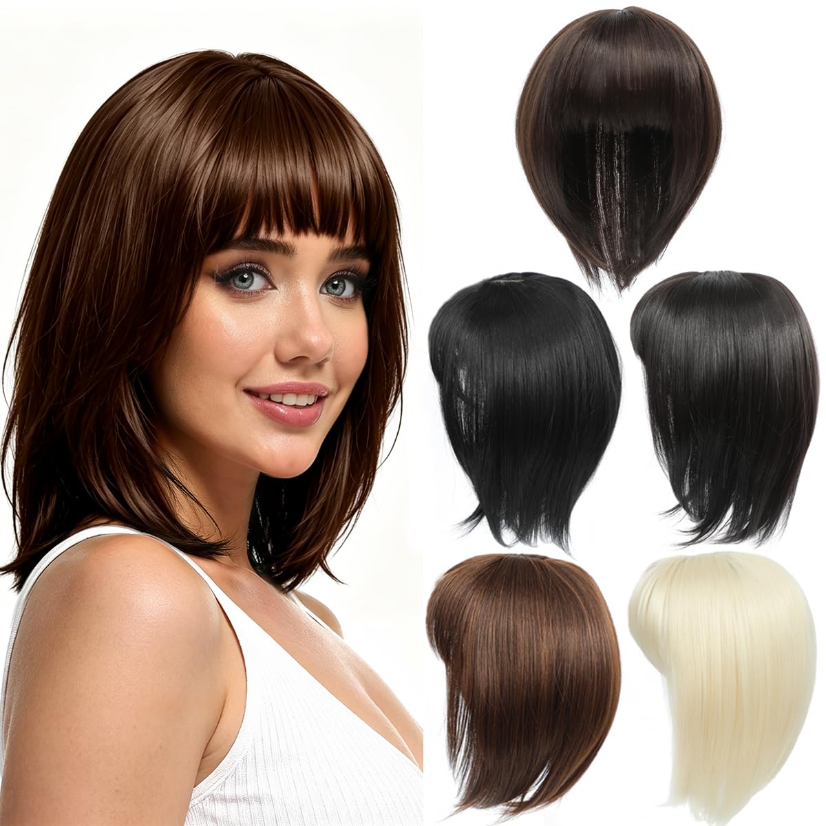 Yamel Hair Topper for Women Natural Synthetic Hairpieces 12 Inch Medium Brown Hair Topper with Bangs Straight Wiglets Hairpieces for Thinning Hair — image 1