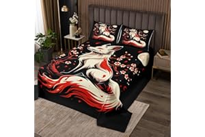 Japanese Style Fox Kids Bedspread Queen Size,Japan Ukiyo-e Cherry Blossom Sakura Floral Coverlet Set,Boys Girls Room Decor,Wi