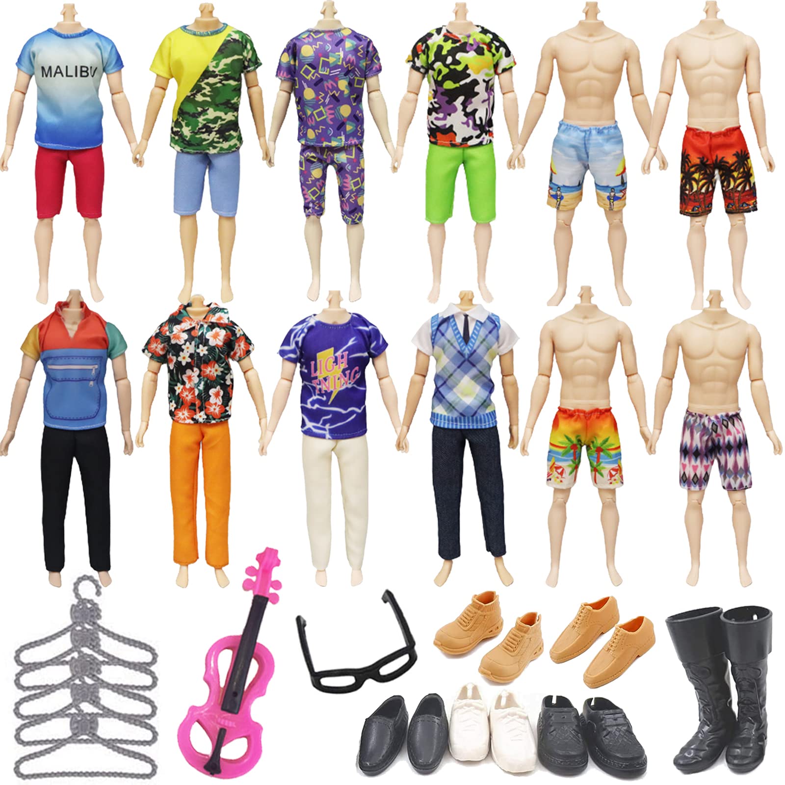 14 PCS Doll Clothes and Accessories Compatible with Ken Dolls, 3 Casual Random Tops and Pants 4 Swimsuits 1 Violin 1 Glasses 5 Hangers 3 Shoes, Clothes and Accessories for 11.5 Inch Boy Dolls(Random)