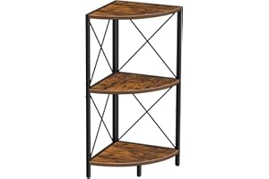 Snughome Corner Shelf with Metal Frame, 3 Tier Rustic Corner Storage Organizer, Freestanding Corner Bookshelf Stand Display Rack for Kitchen, Living Room