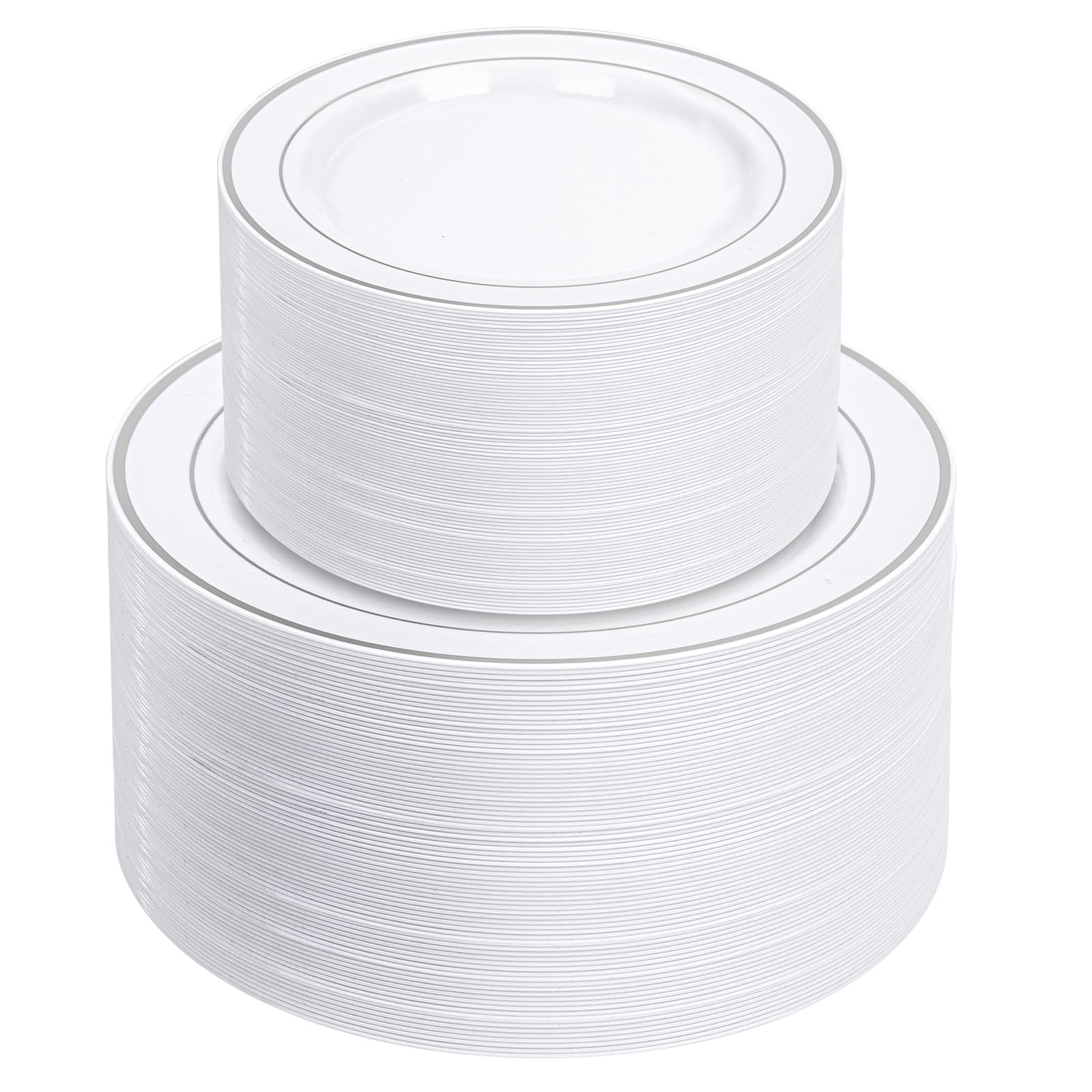 Photo 1 of NOCCUR 200PCS Silver Plastic Plates Disposable for 100 Guests - Include 100 Dinner / 100 Dessert Plates Heavy Duty - Ideal for Party&Wedding