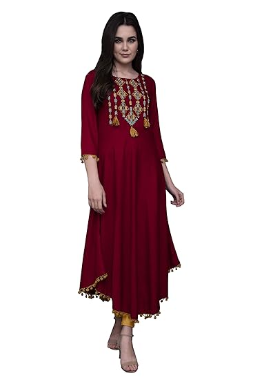 Women Rayon Regular Embroidered Kurta (Maroon)