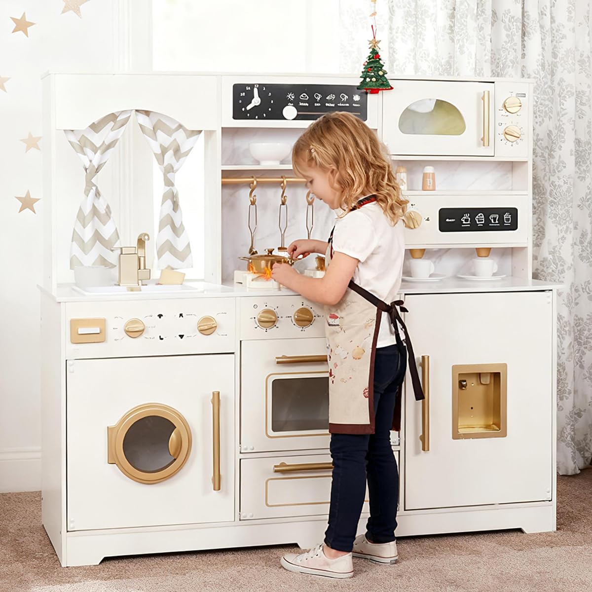 Photo 1 of Wooden Play Kitchen Set with Ice Maker, Water Dispenser, Coffee Maker,Big Toddler Toy Kitchens Playset with Washing Machine,Sink with Running Water, Stove with Light&Sound,Gift for 3+boy Girl (White)