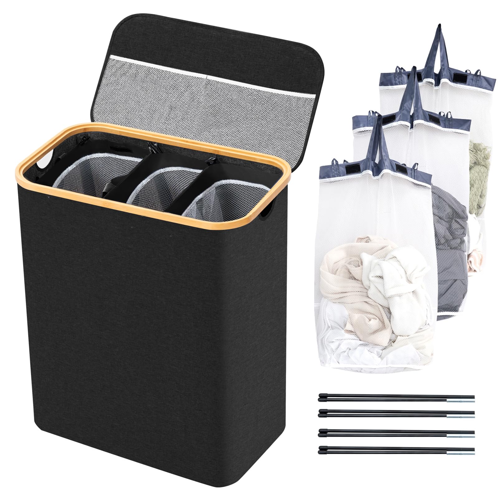 BRIAN & DANY Laundry Basket with Lid, Large Laundry Hamper 3 Compartments with Handles, Collapsible Washing Basket with 3 Removable Bags, Washing Bin for Dirty Clothes, 145L Black