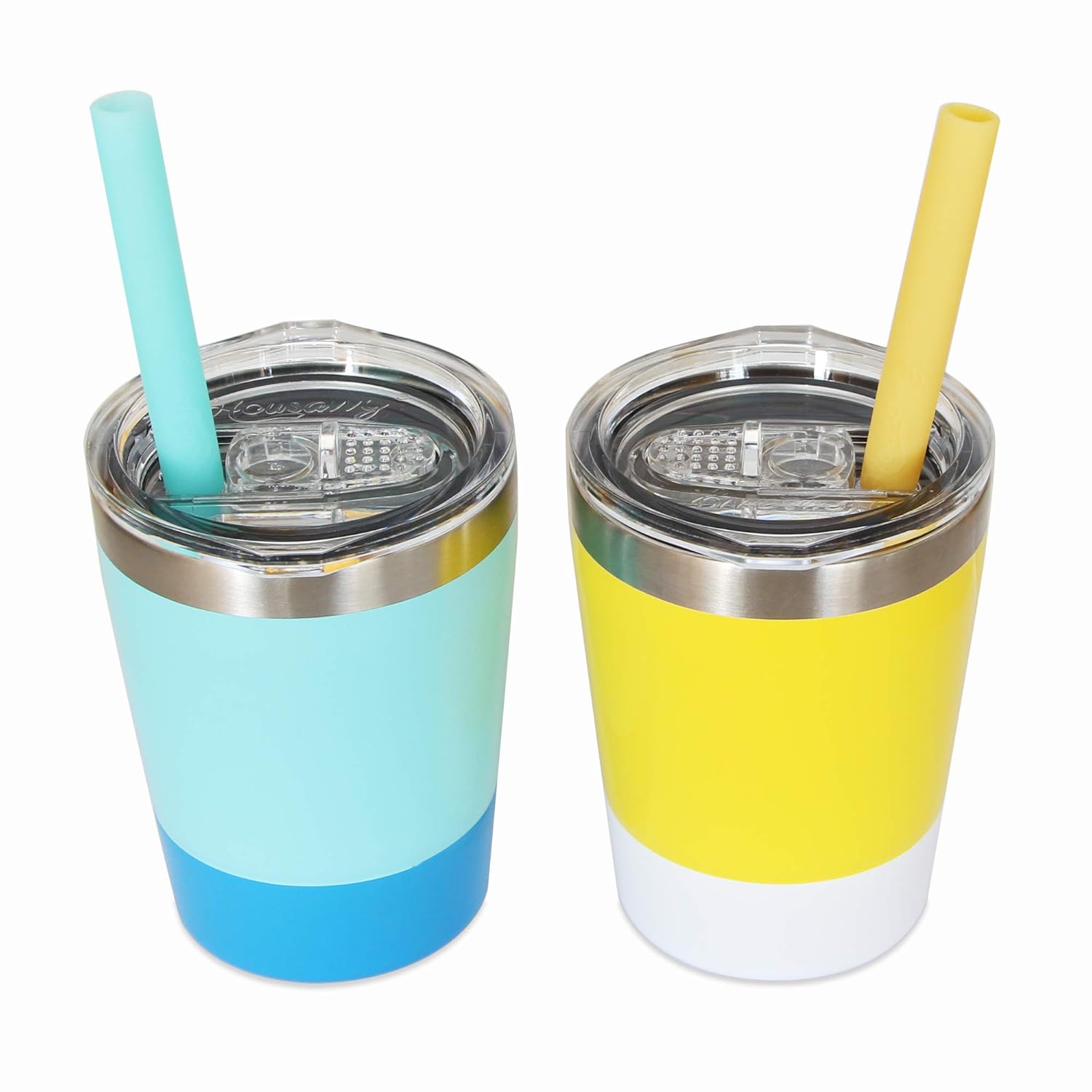 Housavvy Stackable Kids Cups Vacuum Insulated Stainless Steel Sippy Cups with Lids and Straws, 8.5 OZ Kids Smoothie Cups, Set of 2, Light-Blue/Yellow
