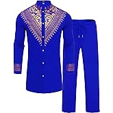 ZSJR Mens African 2 Piece Set Metallic Traditional Suit Gold Stamp Printed African Dashiki Shirt and Pants Outfit