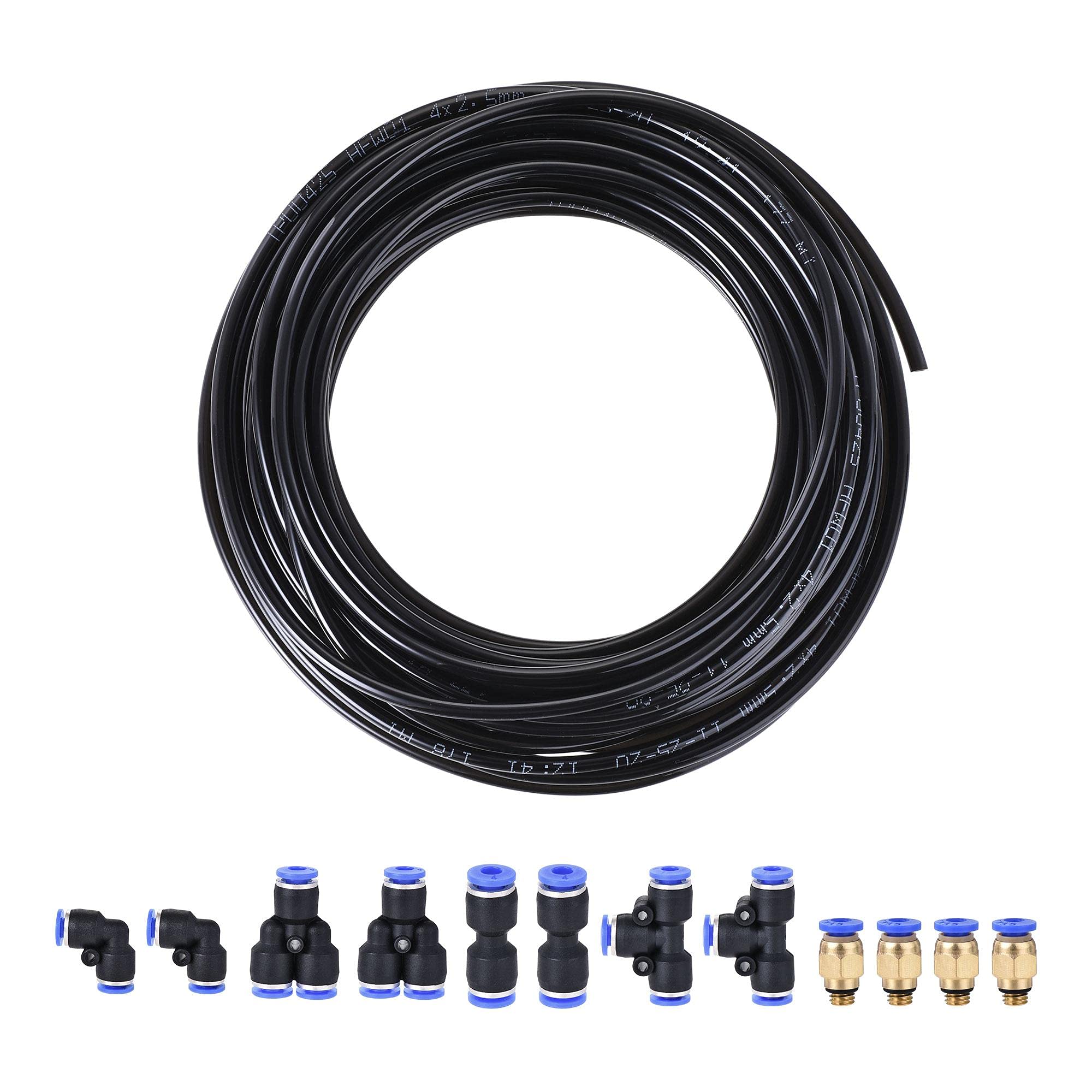 sourcing map Pneumatic PU Air Tubing Kit with Push to Connect Fittings for Air Hose Line Pipe 4mm OD 10 Meters Black