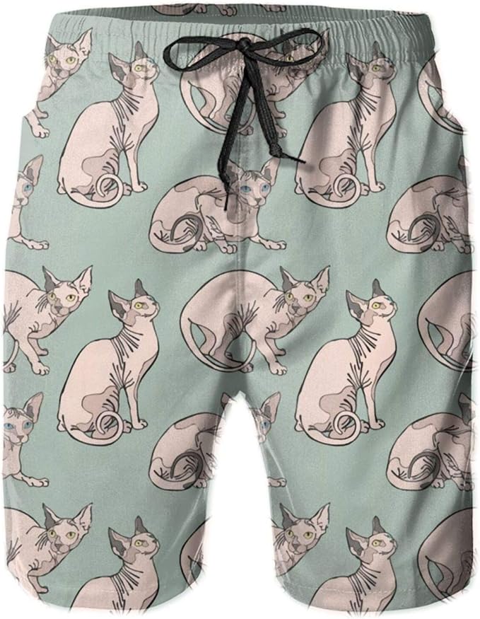 Kimisoy Hairless Cat Men's Beach Swimming Trunks Quick Dry Drawstring