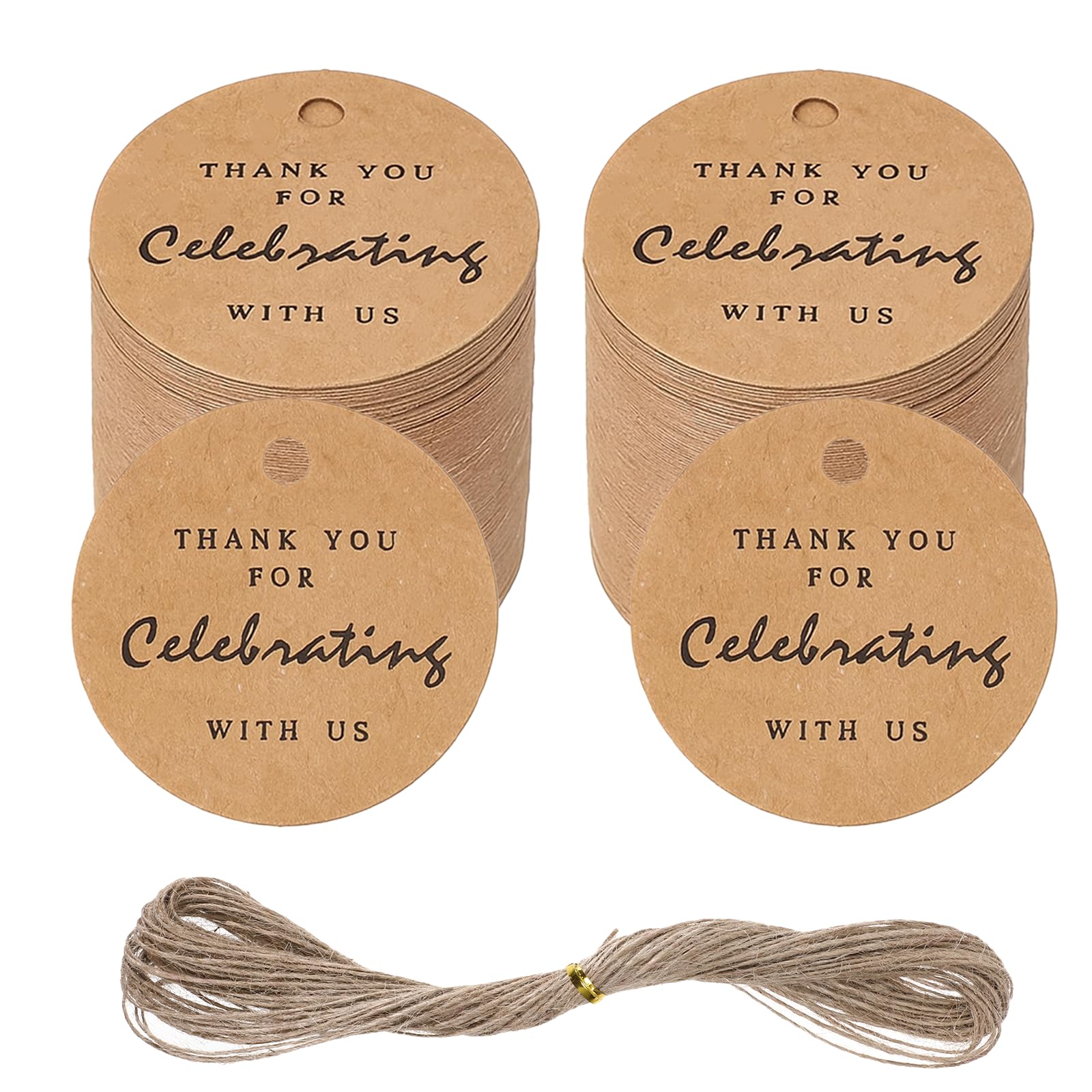 Photo 1 of 100 Pcs Thank You Gift Tags with String, Round Calligraphy Thank You Tag, 1.2 inch Brown Round Gifts Tags with 22 Yard String, Brown Paper Gifts Tag for Gift Wrap DIY Arts Wedding Parties