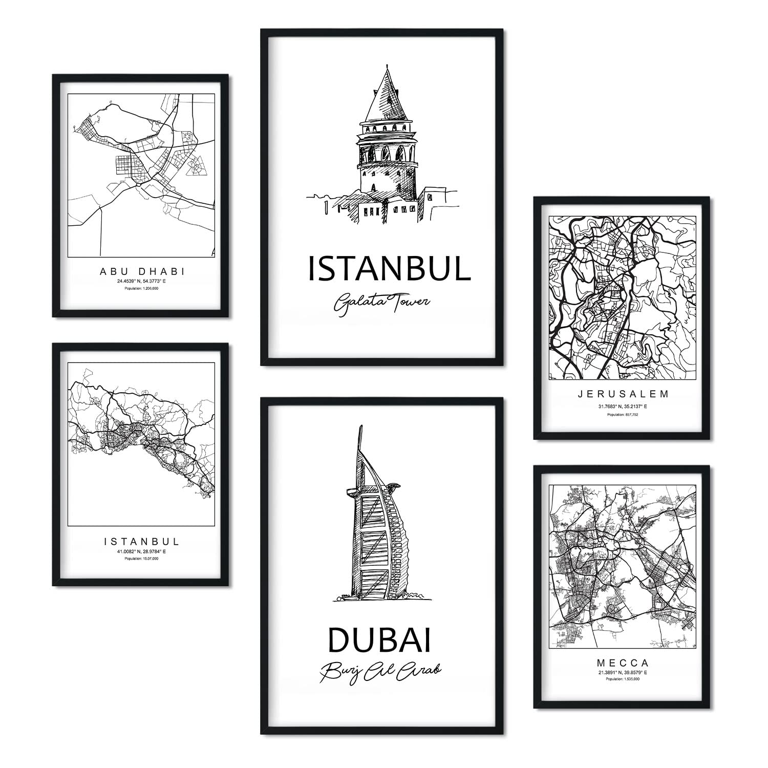Nacnic Set of 6 prints of Middle East. Aesthetic posters of maps and monuments in Black and White for your home, business, office. Nordic style interior decoration. A4 and A3 sizes. Without frame.