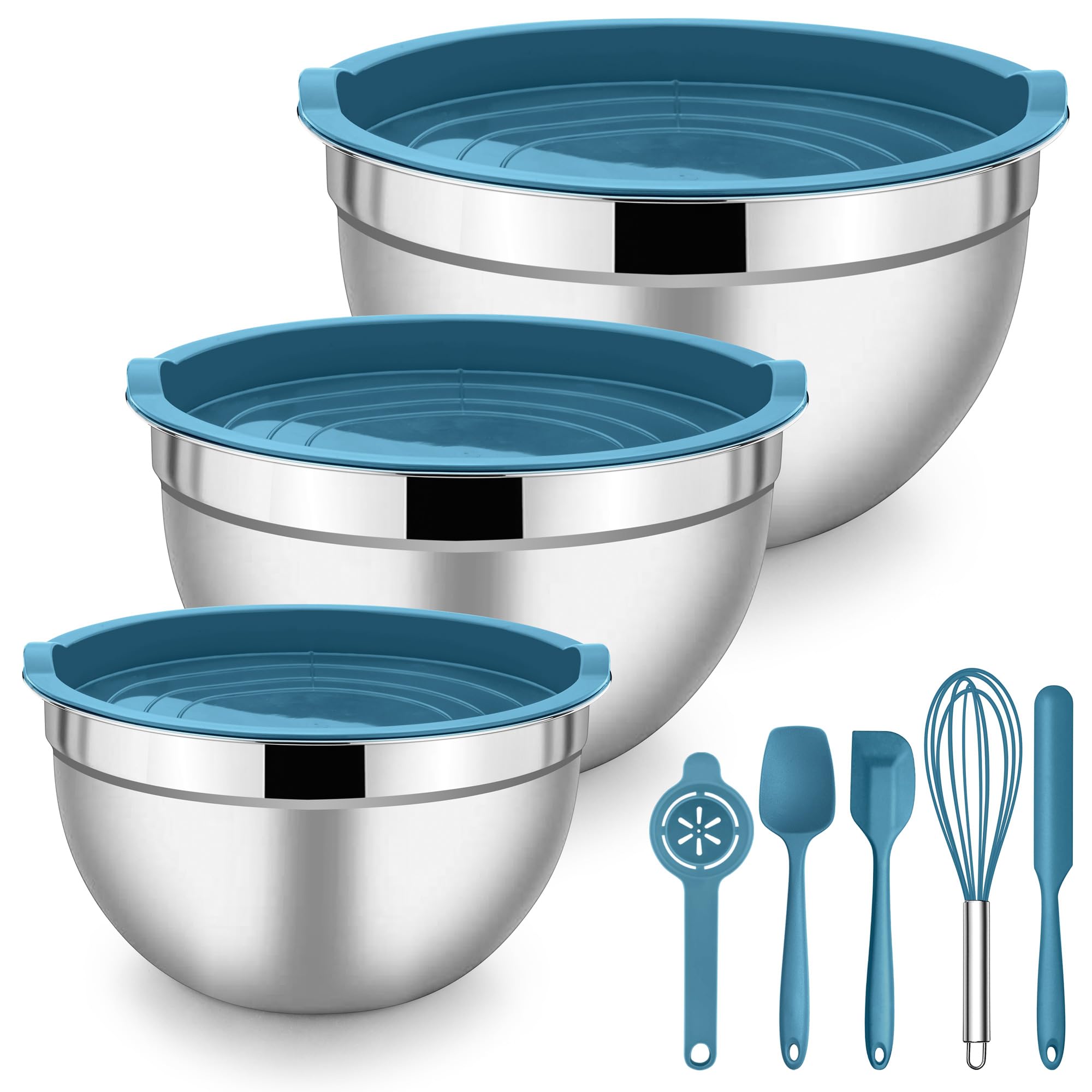 Herogo Mixing Bowls with Airtight Lids, 3-Piece Stainless Steel Nesting Set & 5-Piece Silicone Accessories, Metal Salad Bowls for Baking Preparing Serving, Space-Saving Storage, 1.2/2.6/4.5 QT
