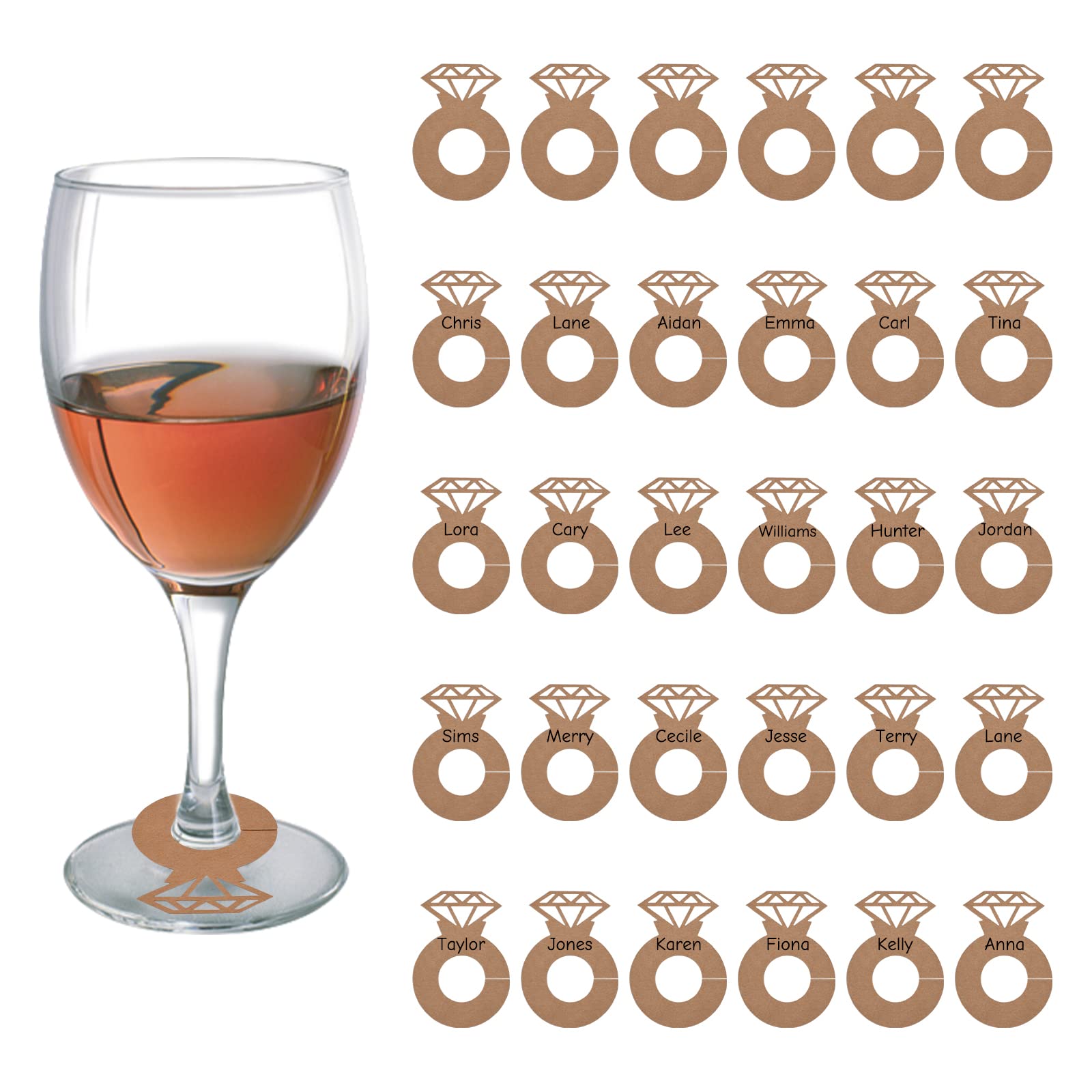 URROMA Kraft Diamond Wine Glass Charms 50 Pcs Wedding Wine Charms Personalized Drink Identifiers Wine Accessories Wine Glass Markers for Party Favors