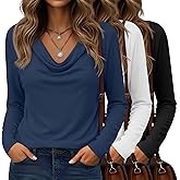 JoyMotion 3 Pack Women's Draped Cowl Neck Tops Long Sleeve Stretchy Blouses Dressy Casual Shirts Business Casual Outfits