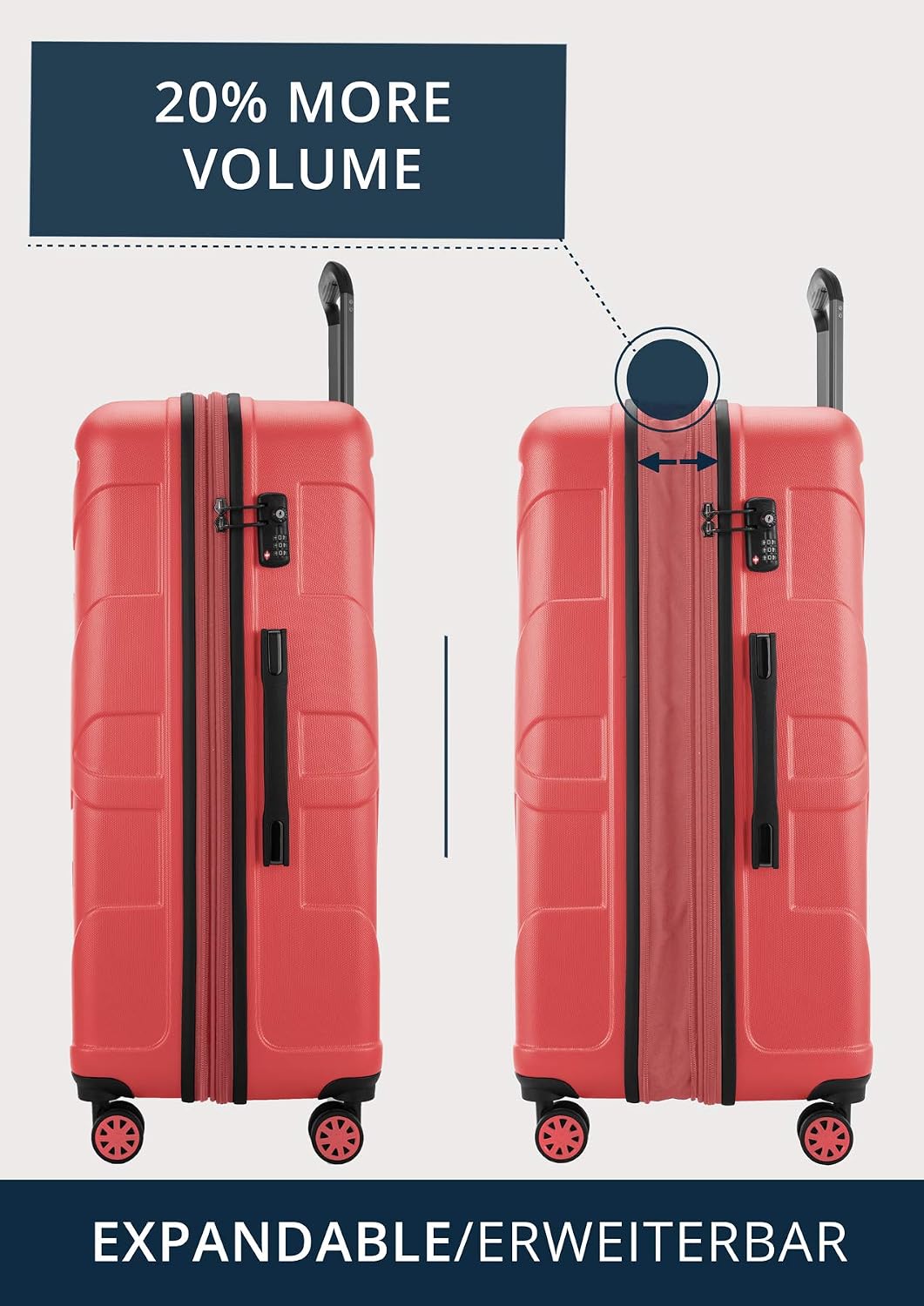 Suitline - Big Hardshell Suitcase Trolley Travel Luggage Hardcase with Extension, TSA, 76 cm, 96-110 liters, 100% ABS mat, Coral - Image 4