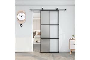 BARNSMITH 42in x 96in Glass Barn Door with 7FT Hardware Included, Aluminum Alloy Frame Frosted Tempered Glass, 6-Lite Lightweight Sliding Barn Door, Easy Assembly