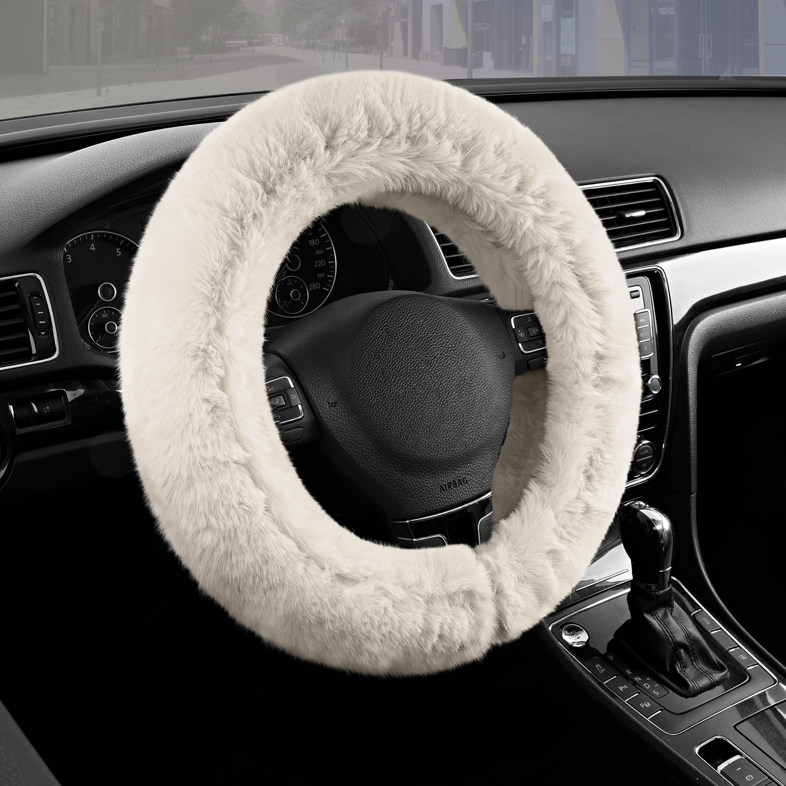 Photo 1 of Road Comforts Steering Wheel Cover, Fluffy Car Wheel Covers for Women/Girls/Ladies?Soft Wool Fur Steering Wheel Protector, Universal 14 1/2 inches to 15 inches - White