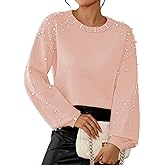 Pink Queen Pearl Sweater for Women 2025 Fashion Fall Winter Chunky Crewneck Lantern Sleeve Loose Knit Pullover Sweaters Top