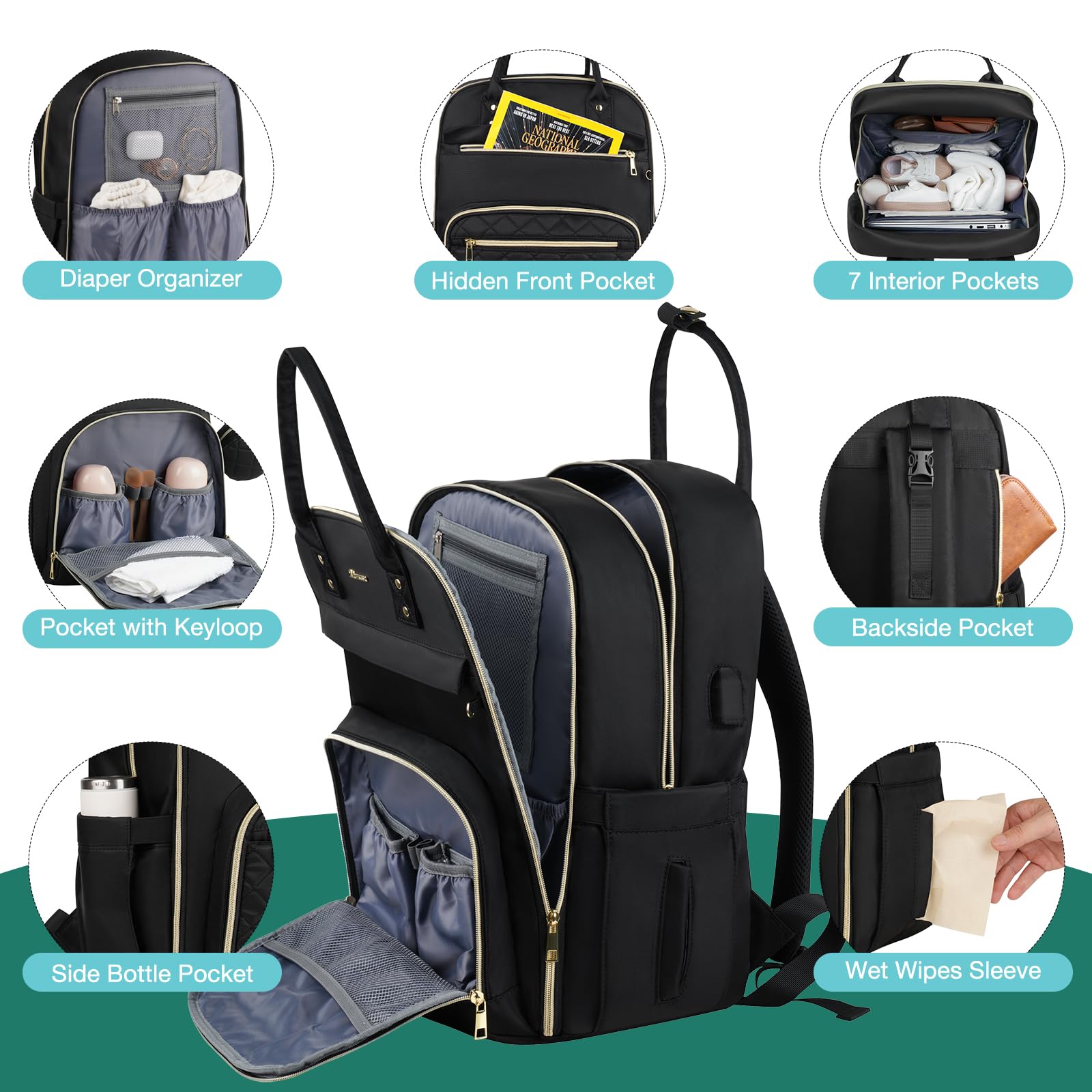 MOMUVO Diaper Backpack for Women Large Capacity with Insulated Pockets Diaper Bags For Baby Girl Boy Waterproof Baby Bags