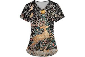 NAMTYQX Christmas Scrub Tops for Womens Breathable Santa Claus Print Nurse Uniform V-Neck T-Shirts Tree Snowman with Pockets