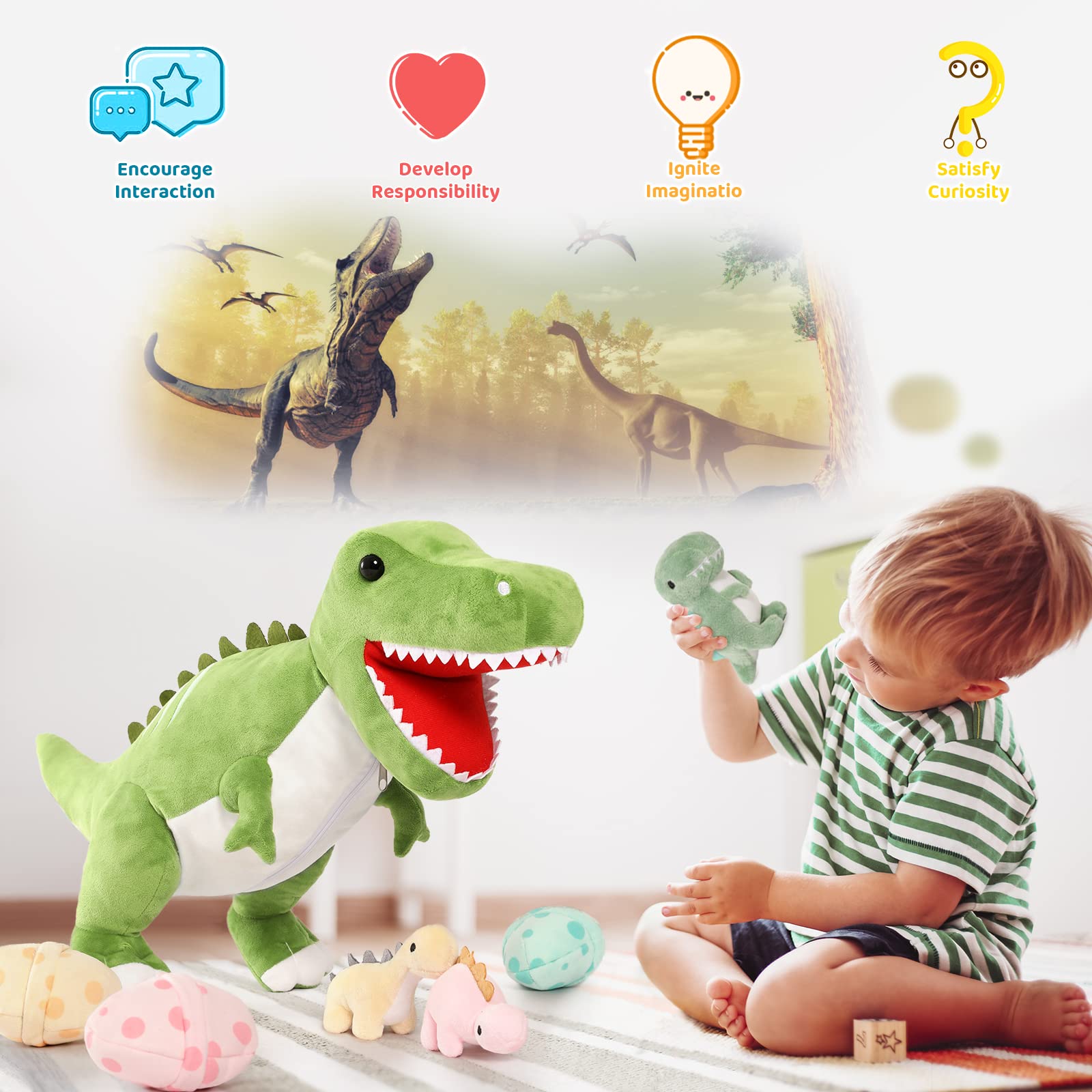 MorisMos 60cm hoch riesen Dino Kuscheltier XXL mit 3 Baby im Bauch, groß Dinosaurier Plüschtier Stofftier, weich Dino Spielzeug Plüschdino für Kleinkind Jungen Weihnachten Geschenk 3