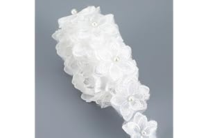 MBAIYO 3 Yards 3D Pearl Beads Embroidered Applique, Organza Flower Lace Trim Ribbon Floral Applique Embroidered Lace Fabric for Wedding Dress Embellishment DIY Sewing Crafts Home Decor White