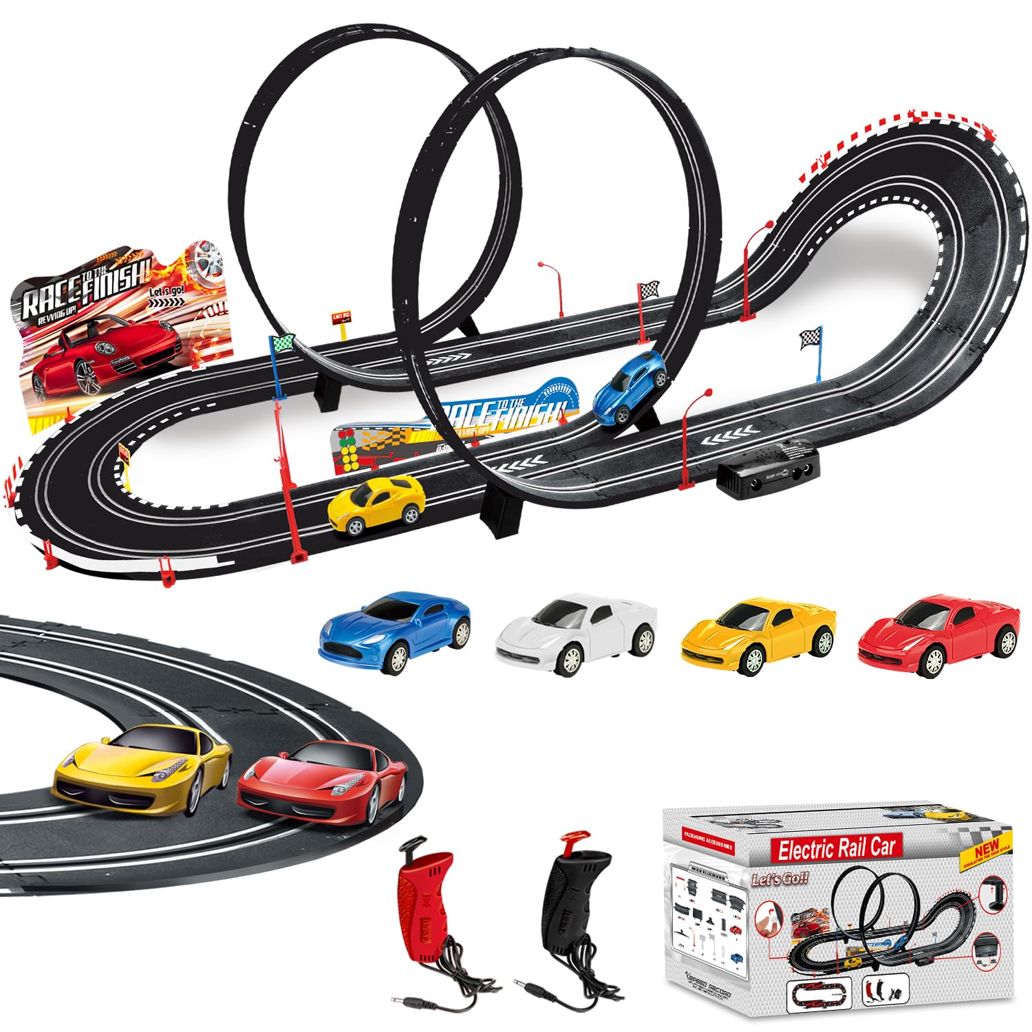 Bonikita Slot Car Race Track Sets, Electric Race Car Track with 4 High Speed Slot Cars, 2 Electric Controller Circular Overpass Track, Gift Toys for Boys and Girls Age 6-12