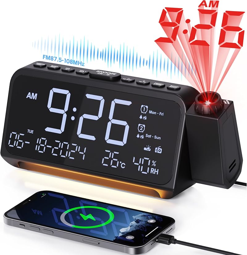 Mesqool Alarm Clock Radio with Projector and Dual Charging Ports