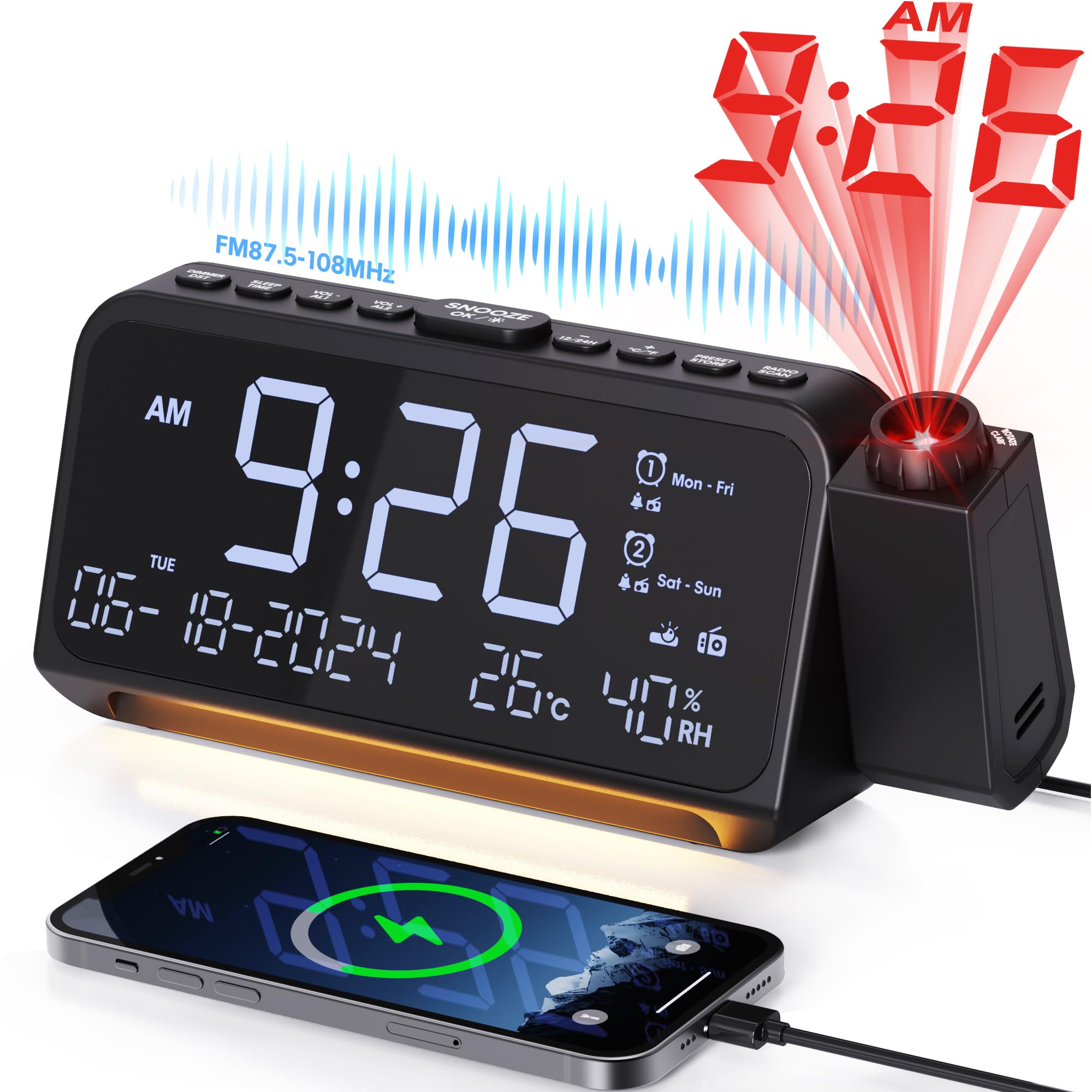 Mesqool Alarm Clock Radio with Projector, Digital FM Radio Clock with Alarm and Type C Charging Port, LED Projection Alarm Clock with Temperature Date Display and Night Light for Bedside