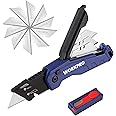 WORKPRO Folding Utility Knife, Quick Change Box Cutter, Razor Knife for Cartons, Cardboard, Boxes, Blade Storage in Aluminum Handle, 13 Extra Blades Included (Blue)