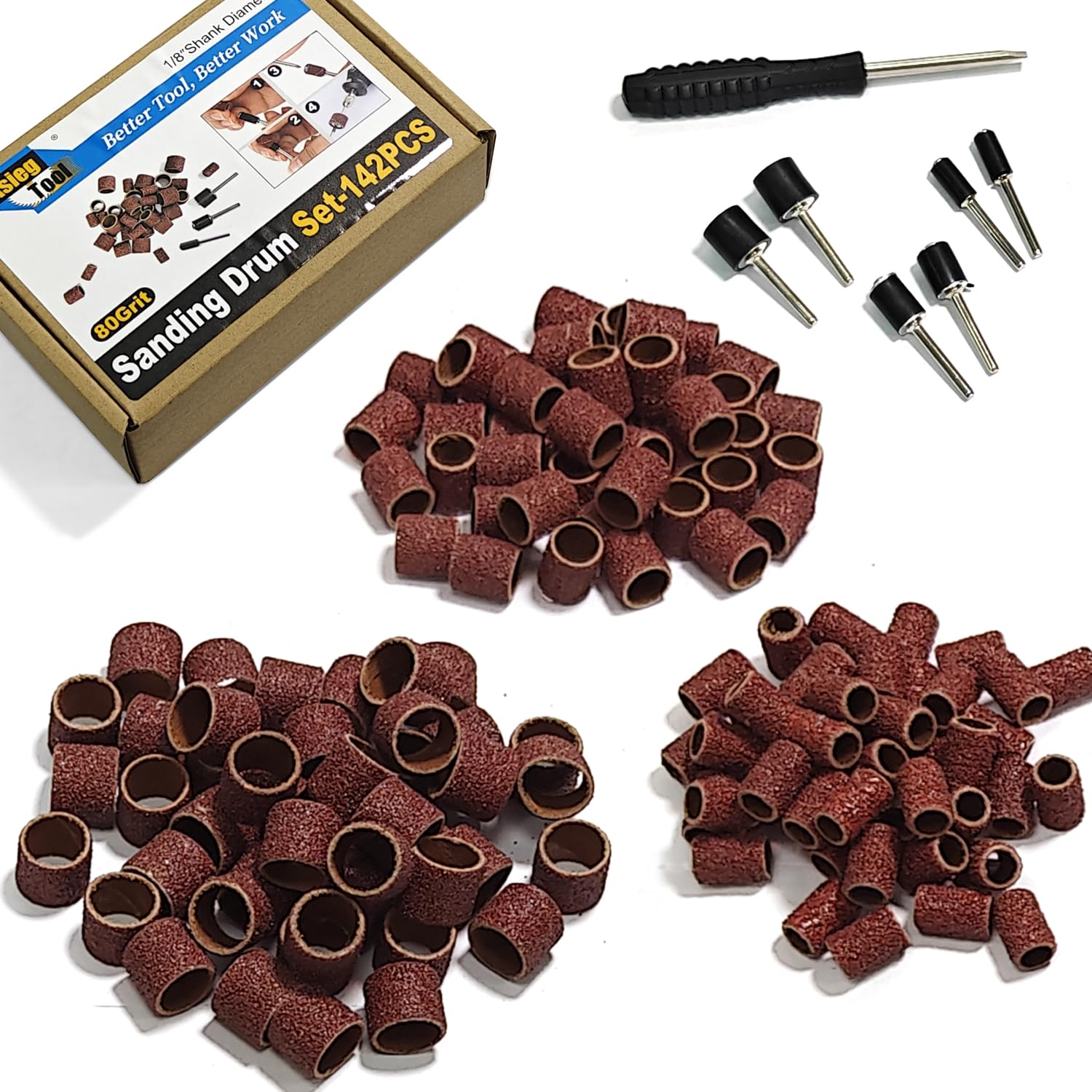 Photo 1 of Asieg Tool Sanding Drum Kit 142Pcs 80Grit, 1/2" & 3/8" & 1/4" Diameter Drum Sanding Band with 3.17mm Shank Mandrels for Drill Dremel Rotary Tools Nails Drill
