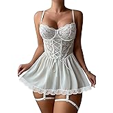 Lilosy Sexy Garter Belt Mesh Lace Babydoll Lingerie Dress Set with Thong
